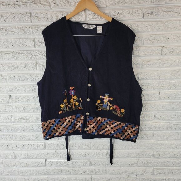 Victoria Jones Womens Vest 3X Plus Blue Embroidered Scarecrow Birdhouse BLU56E - Picture 1 of 9